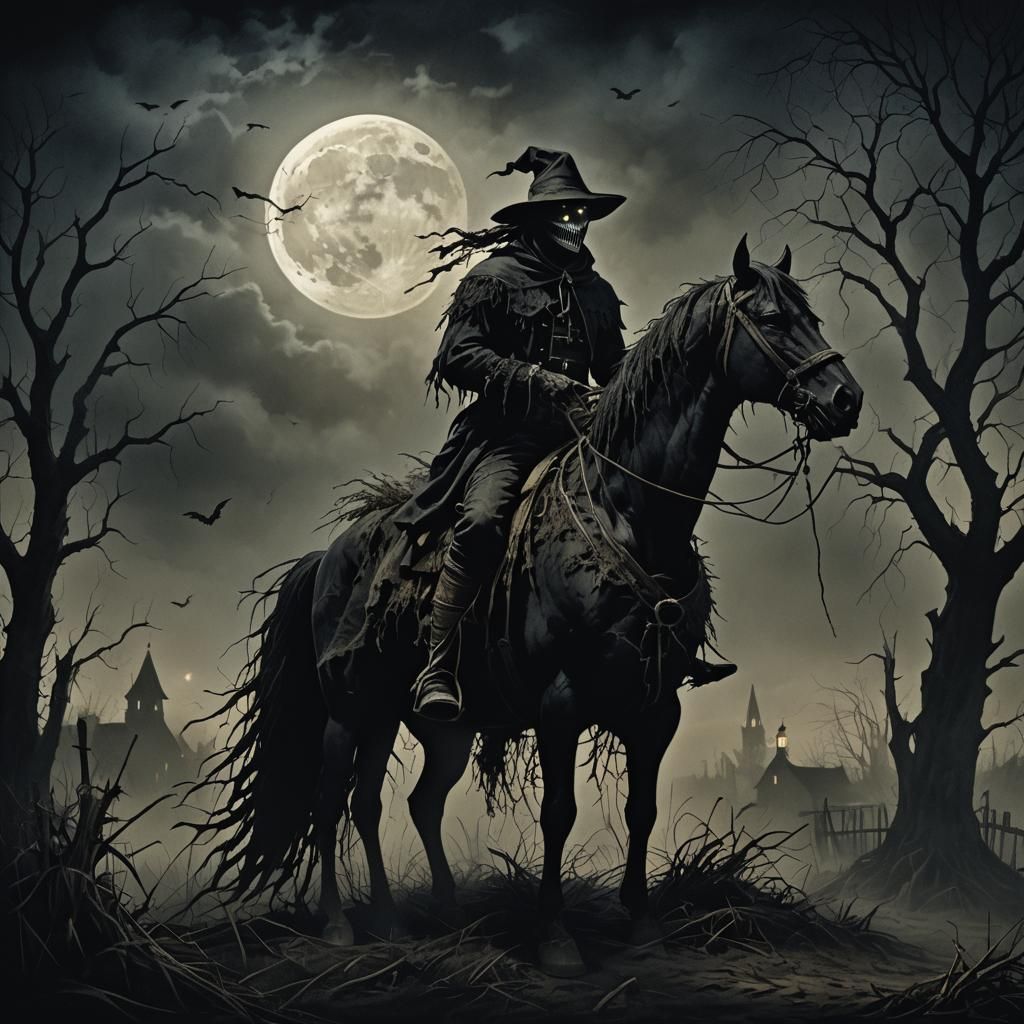 Dark Gothic Scarecrow on Horseback Illustration