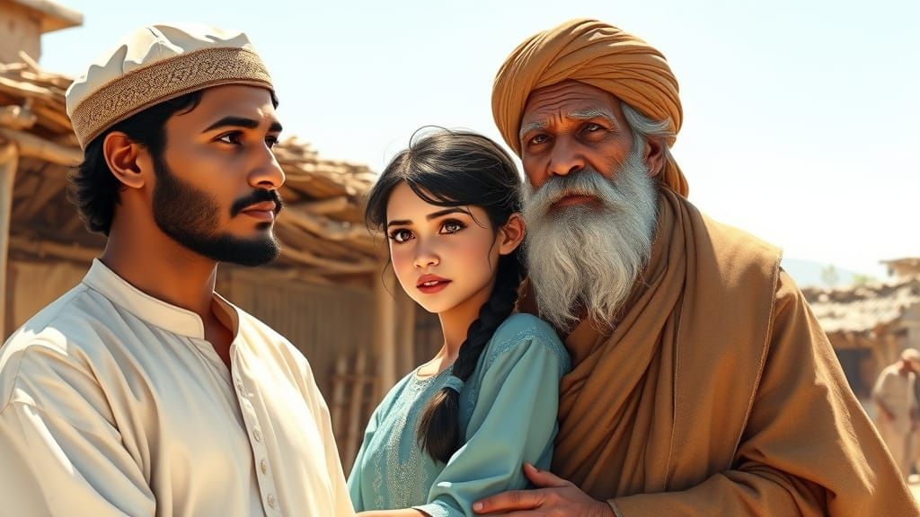 Tender Moment in a Village Square: Digital Illustration