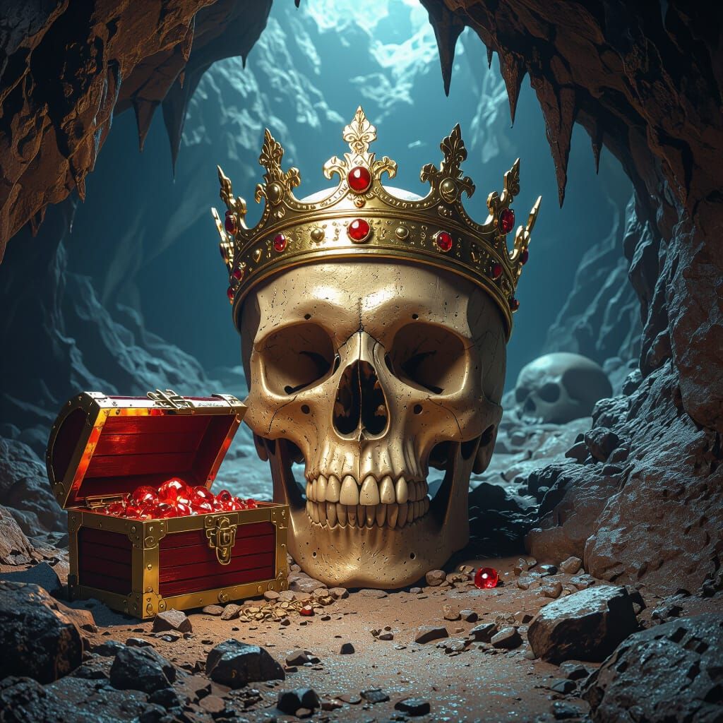 A Golden Crown On A Skull in a cave