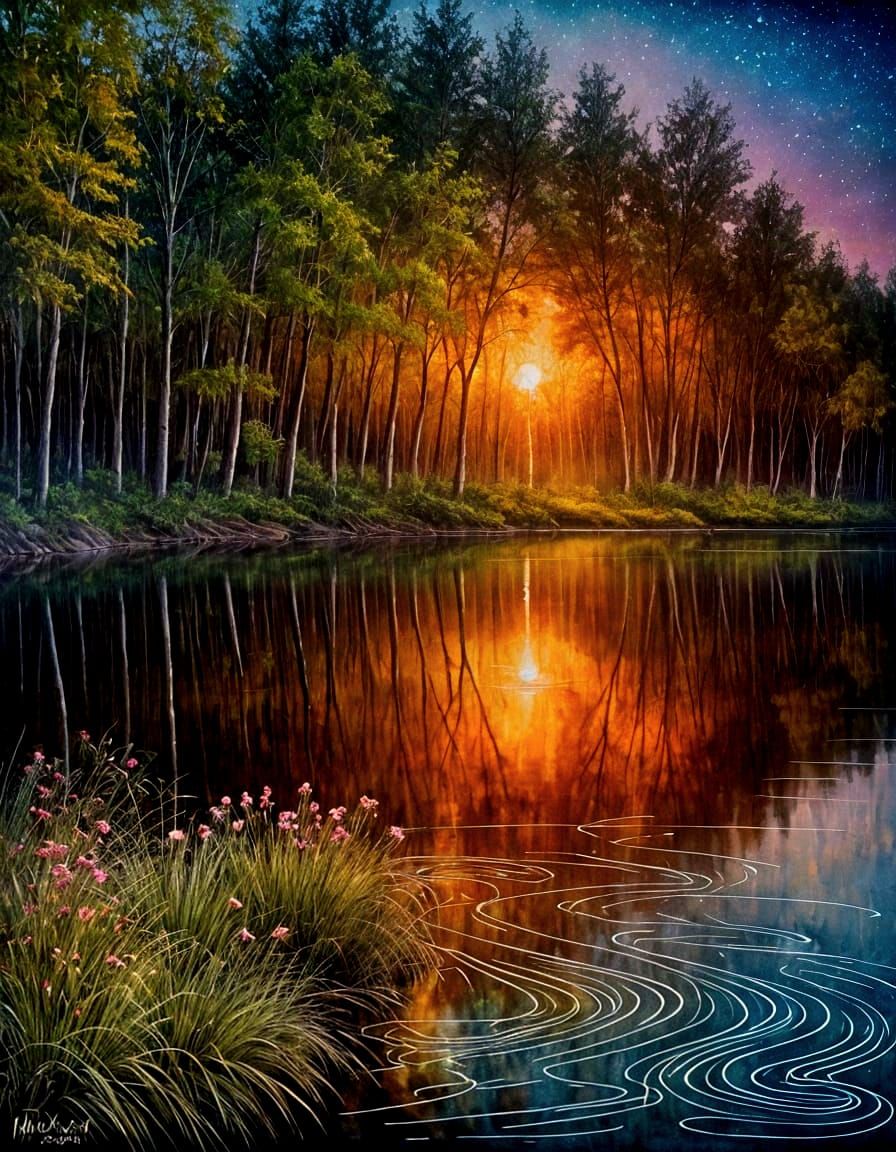 Golden Moonrise Over Misty Lake: Fantasy Realism