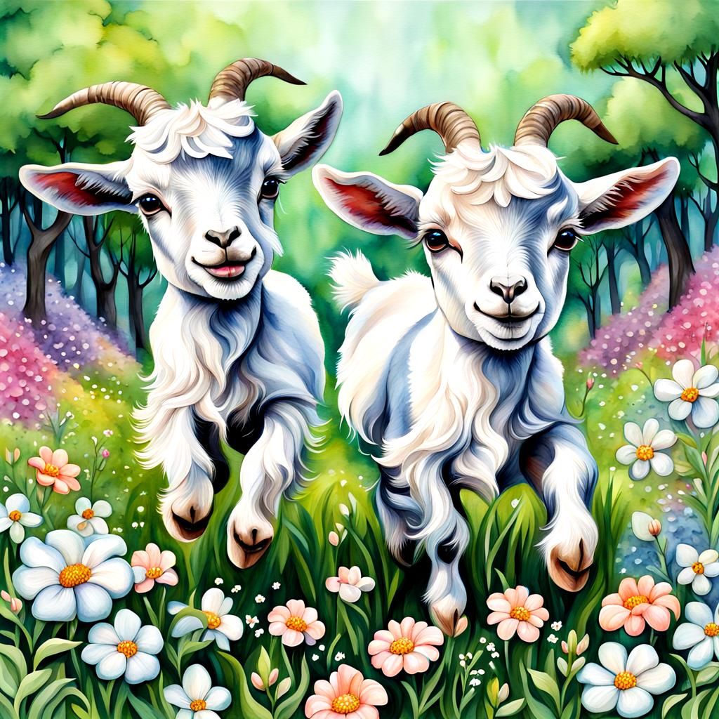 Happy Baby Goats Jumping in Flowery Meadow