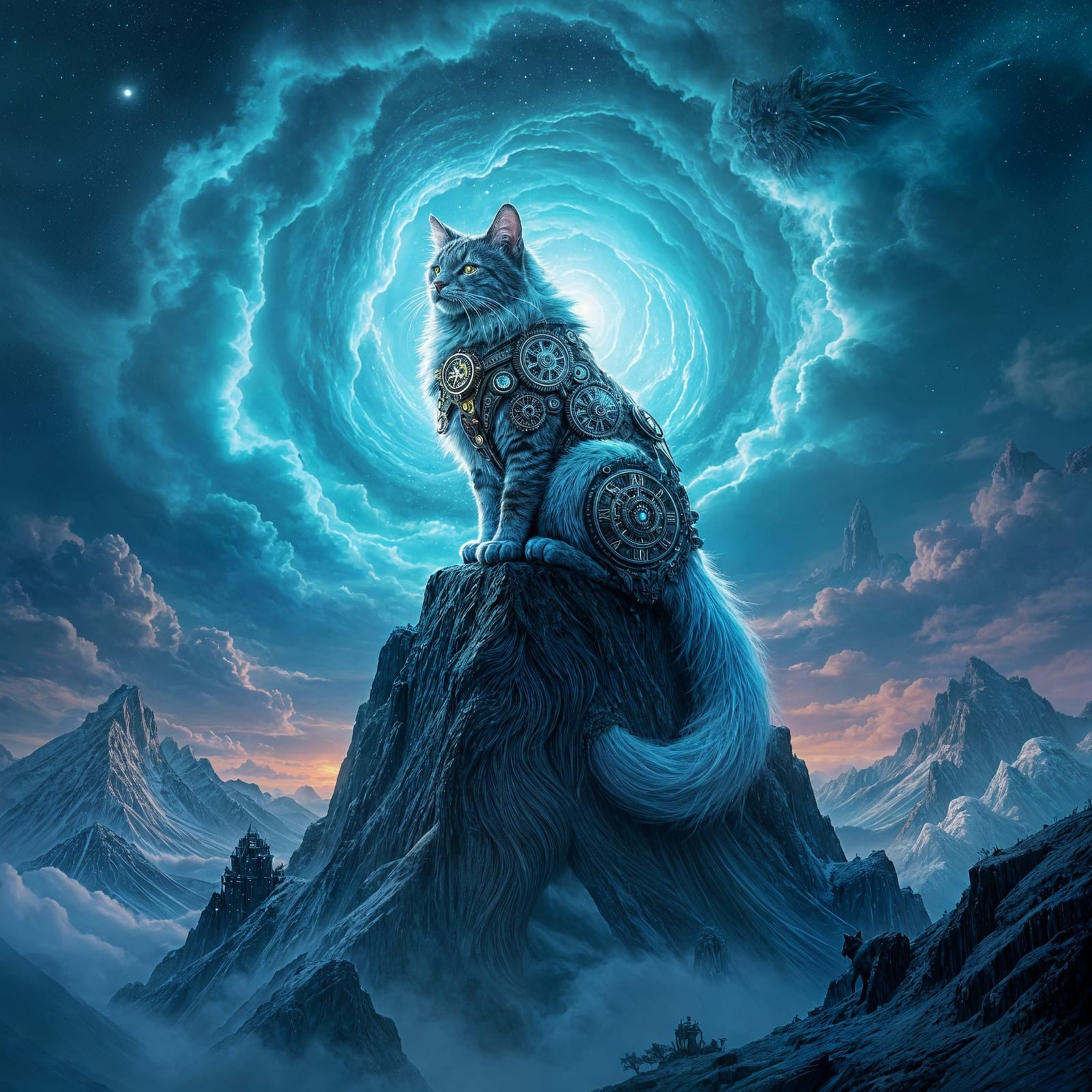 Bioluminescent Clockwork Cat on Crystal Mountain