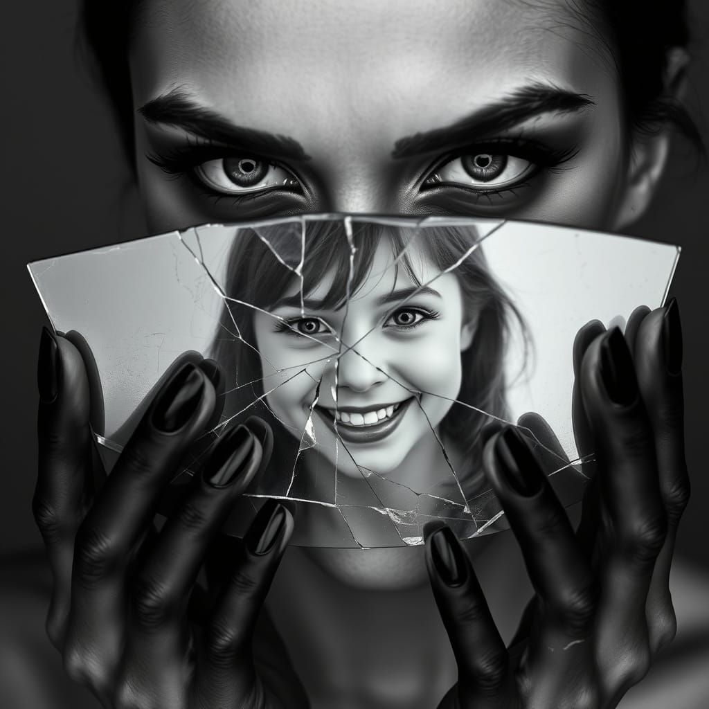 Surreal Portrait: Woman, Mirror, and Reflected Hope