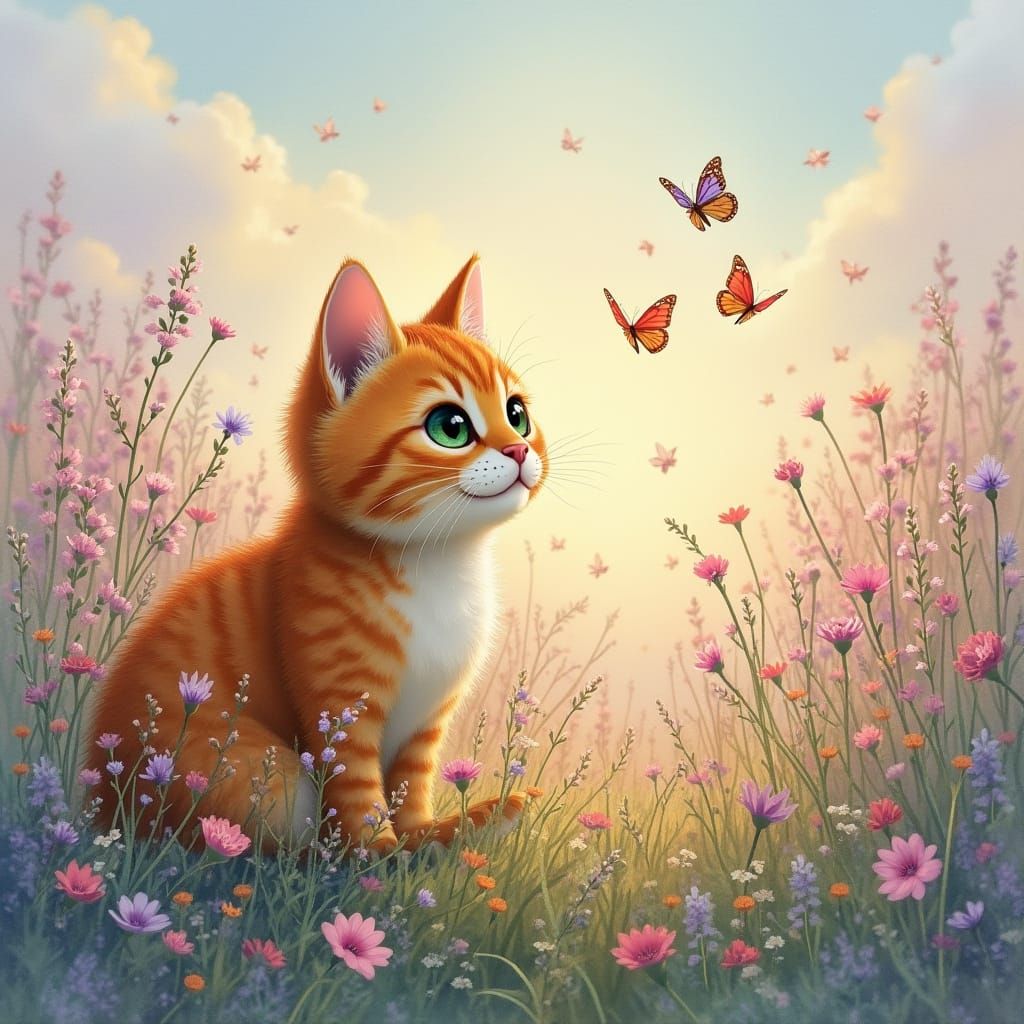 Ginger Cat in Wildflower Field at Twilight