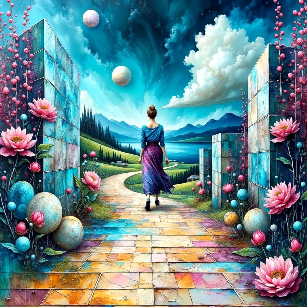 Woman in Tile Landscape: Impasto Oil Painting