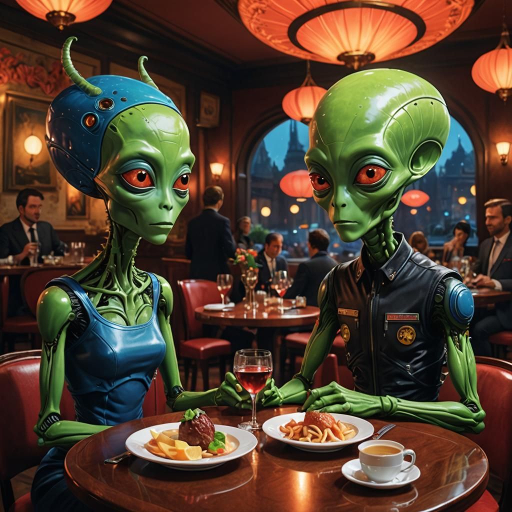 Aliens Fine Dining: A Pop Surrealism Illustration