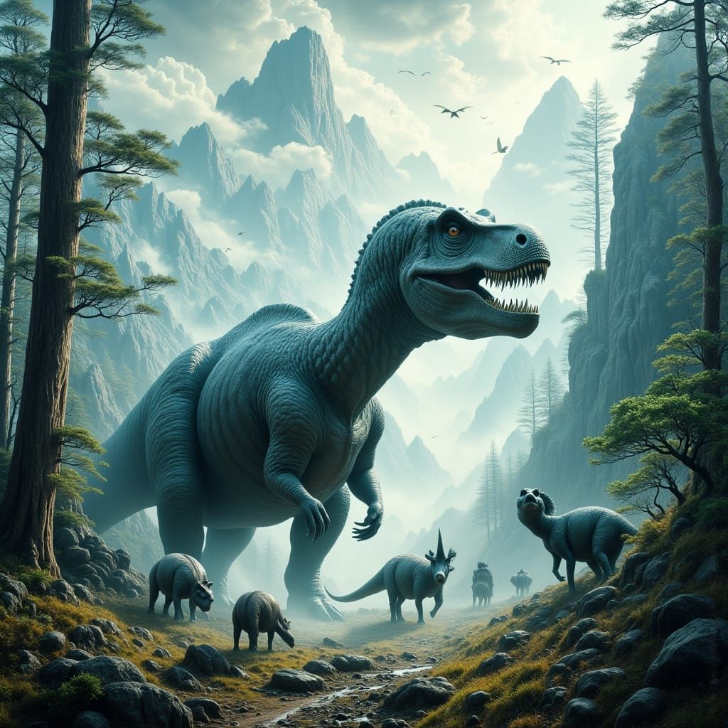 Mesozoic Era: Ethereal Dinosaur Landscape in Dreamscape Styl...