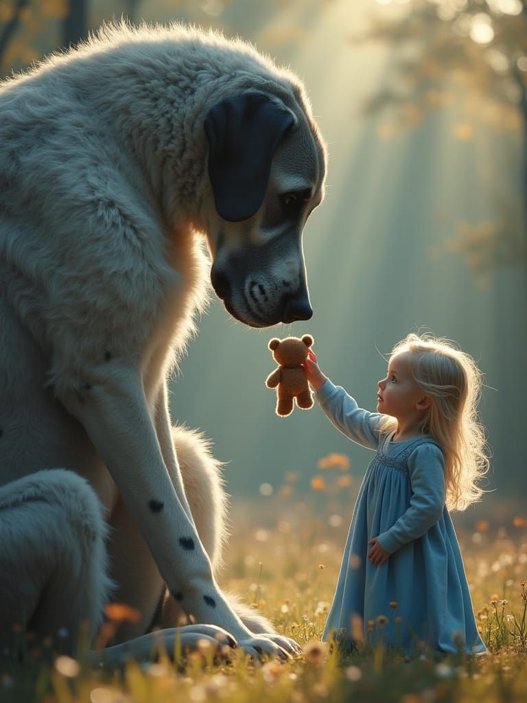 Girl Offering Teddy Bear to Great Dane
