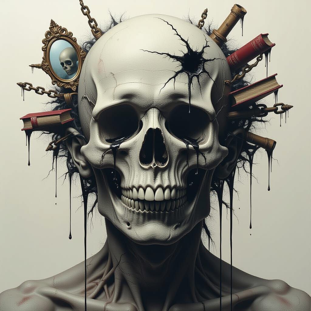 Distorted Skull Weeping Ink in Dark Surrealism Style