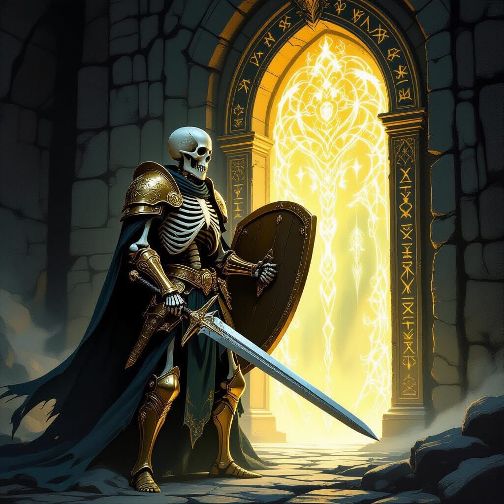 Skeleton Knight Guards Magical Door in Golden Armor