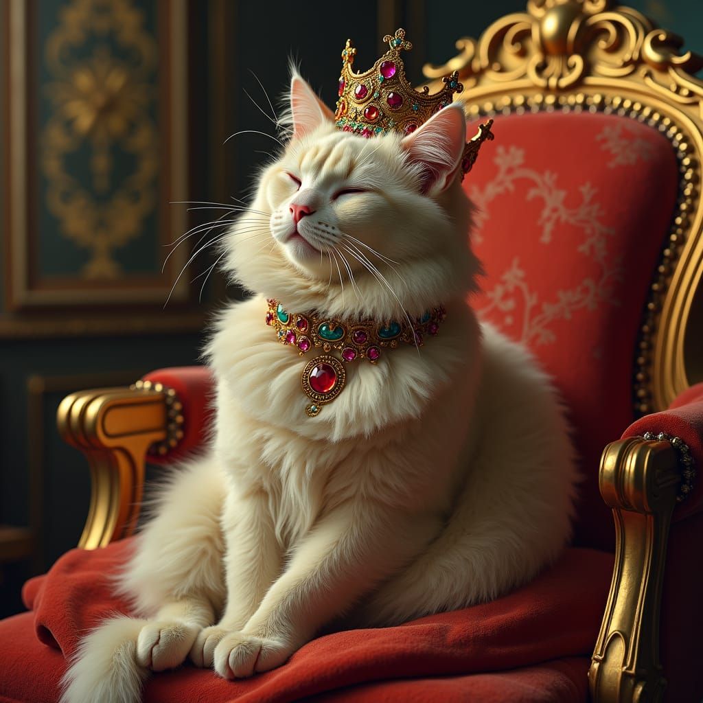 Crowned Cat on Throne as Renaissance Oil Painting