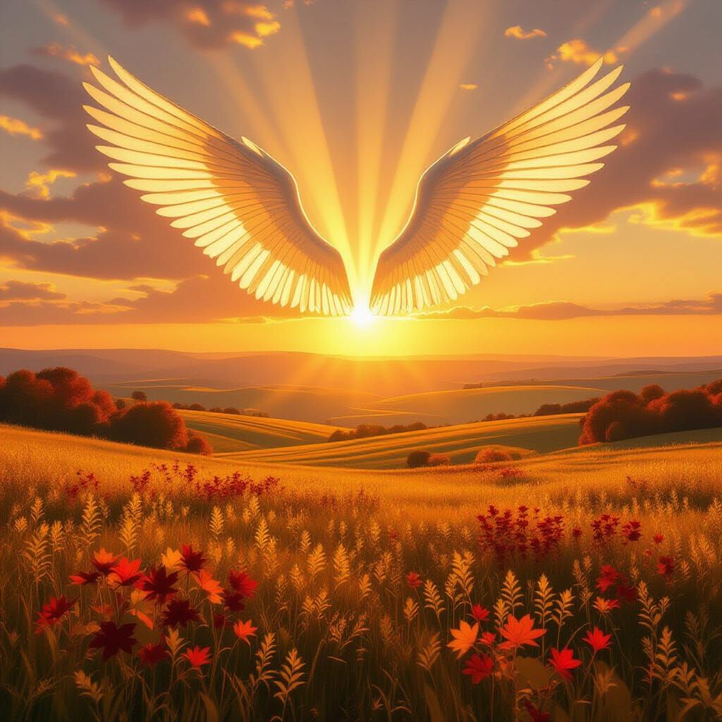 Serene Angel Over Spiritual Meadow in Art Nouveau Style