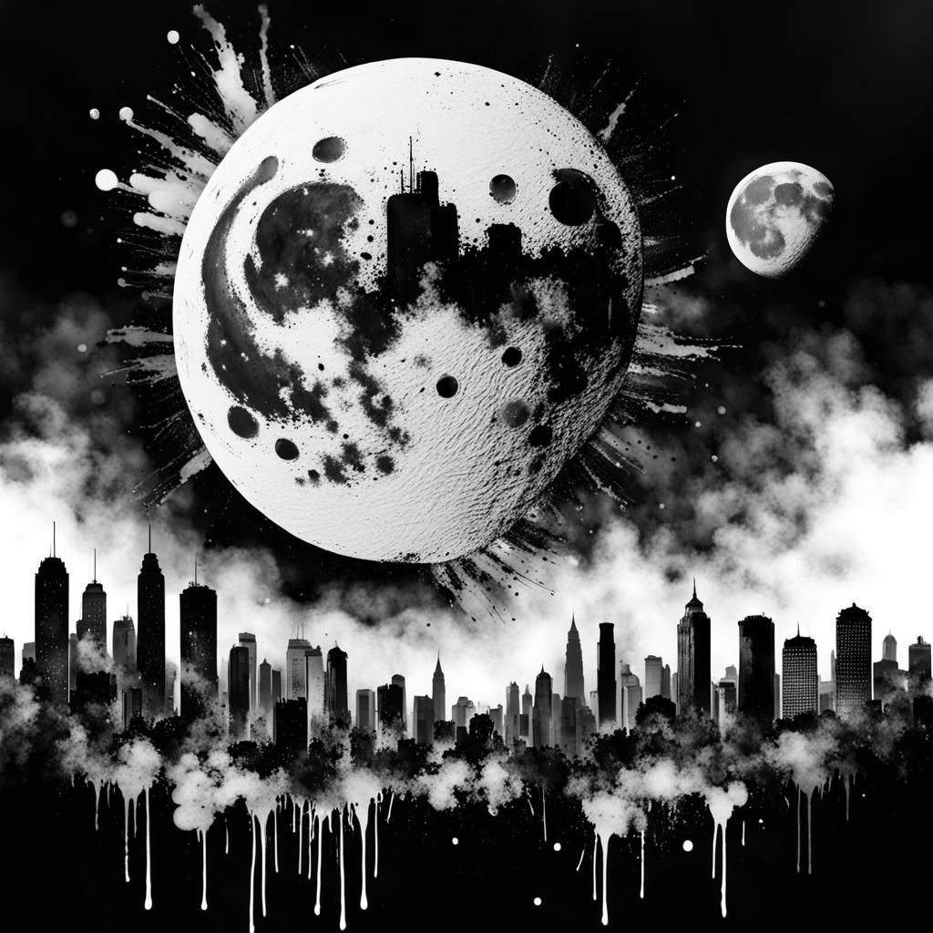 Ink Cityscape Under a Lunar Sky