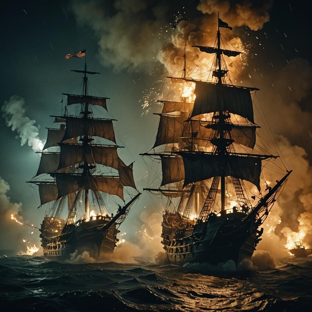 Pirate Ships Battle at Night in Fog