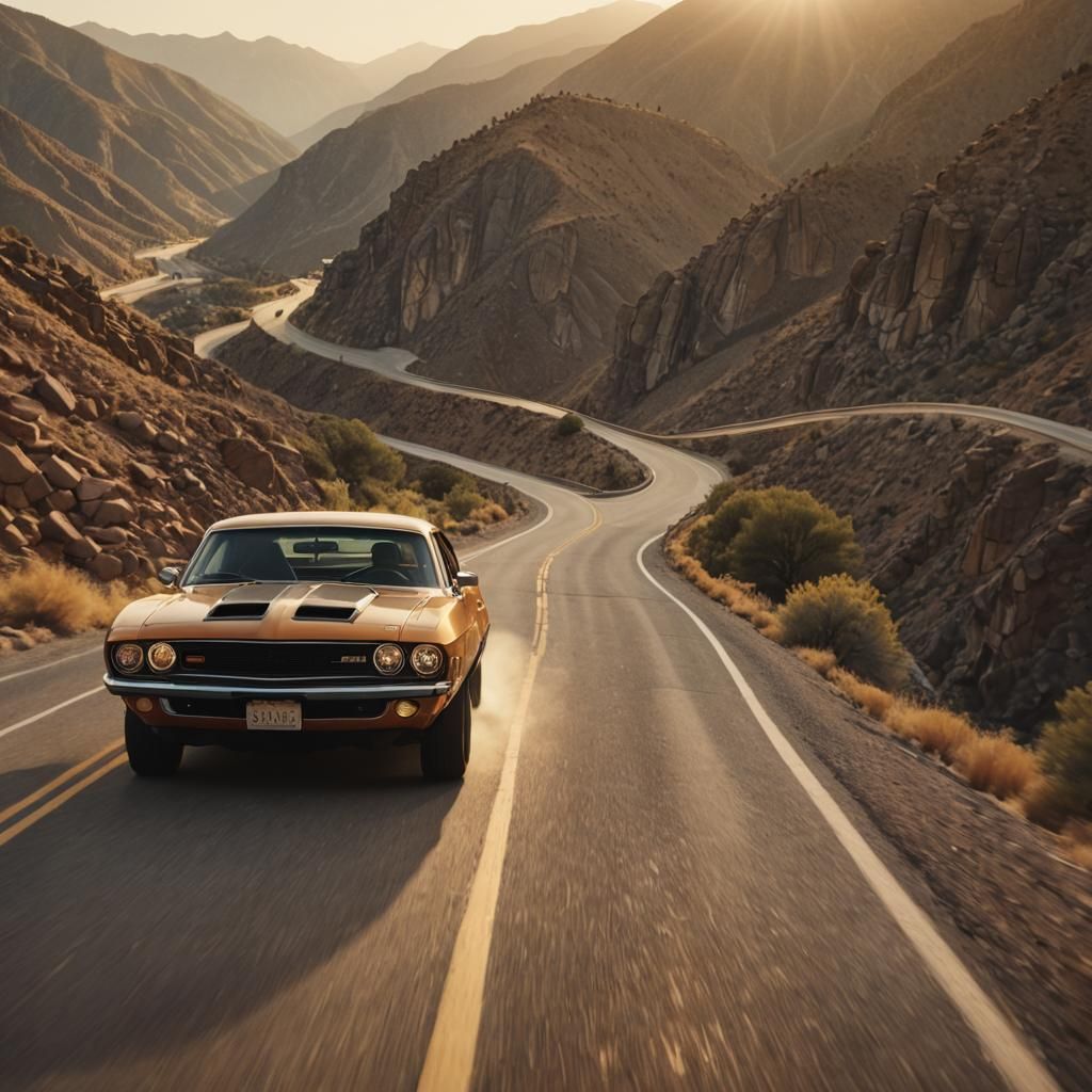 American Muscle Car Drives Through Mountain Roads