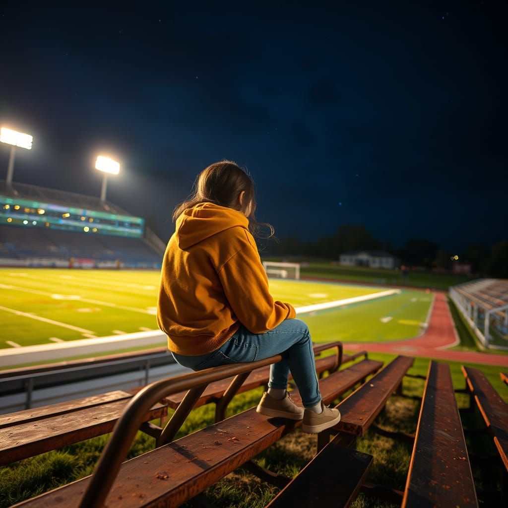 Girl on Football Bleachers Under Starry Night Sky