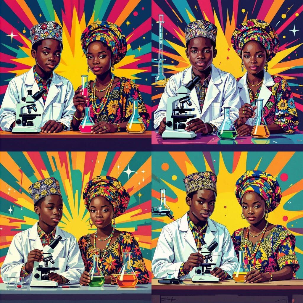 Nigerian Teenagers in Lab Coats, Vibrant Pop Art Style