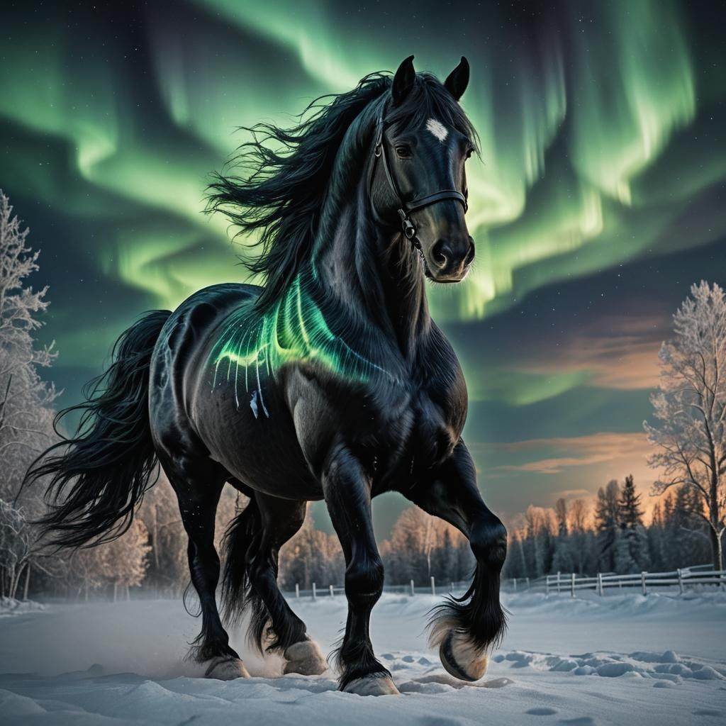 Friesian Horse Made of Northern Lights: Hyperrealistic HDR