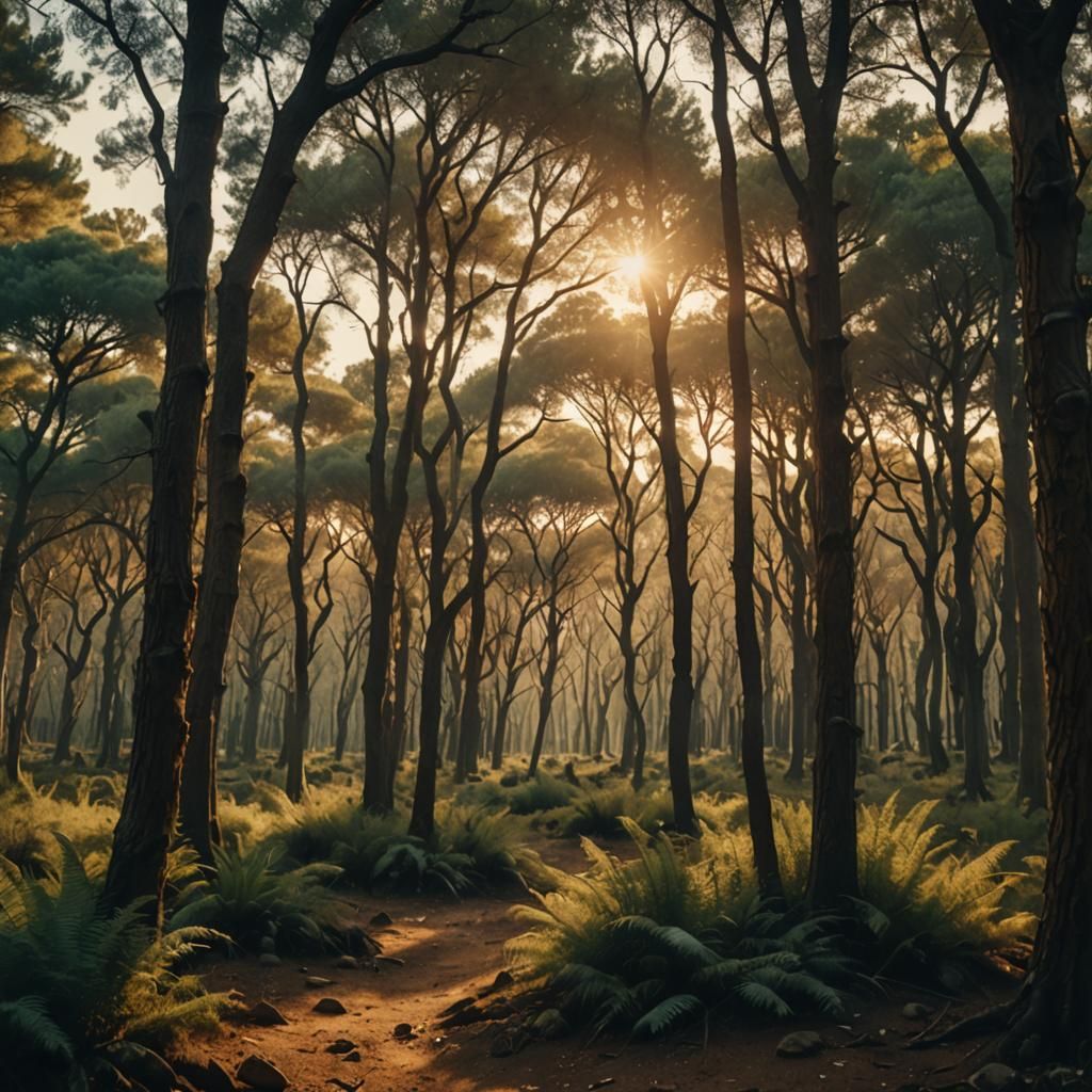 Vast Ancient Forest at Sunset in Cinematic Style