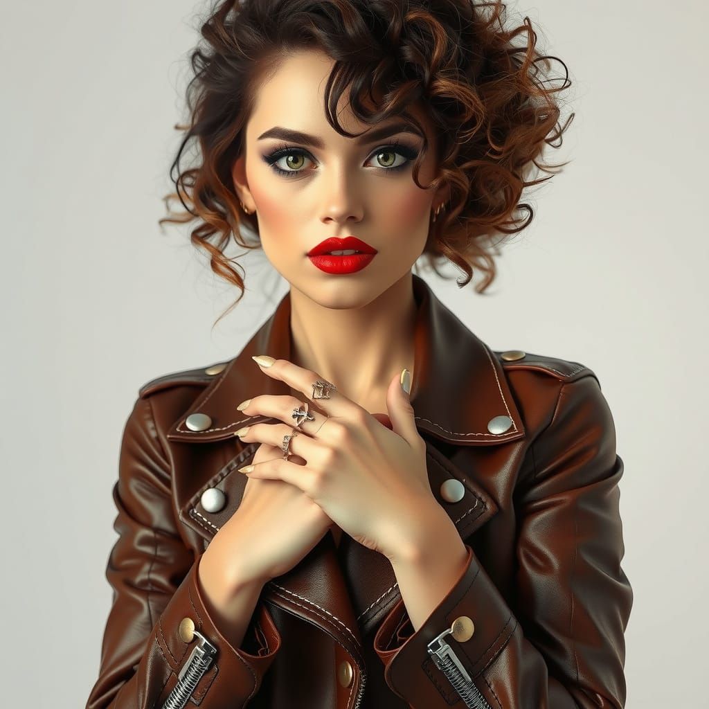 Elegant Woman in Leather Jacket with Curly Hair and Green Ey...