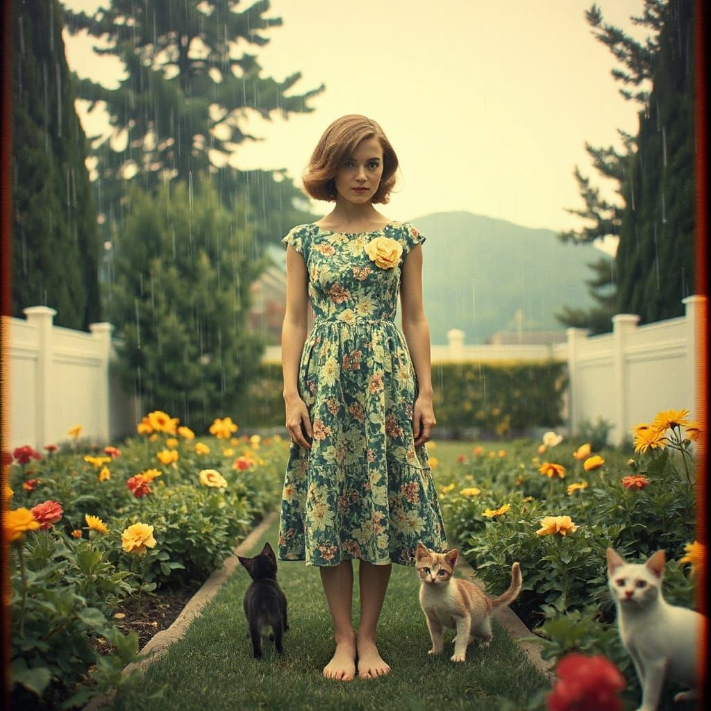 Woman in Garden with Kittens: Glitch Art Portrait