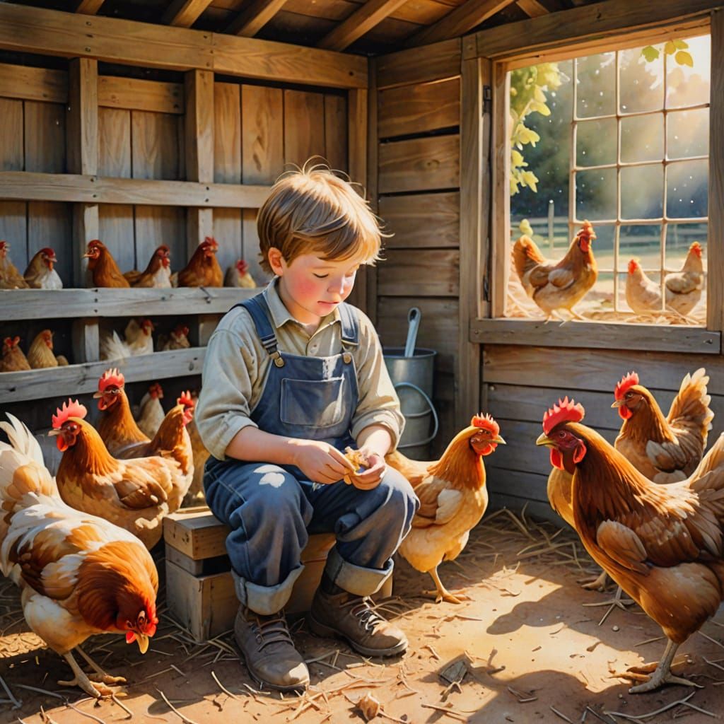 Whimsical Boy in Bib Overalls Feeds Chickens in Dreamy Coop