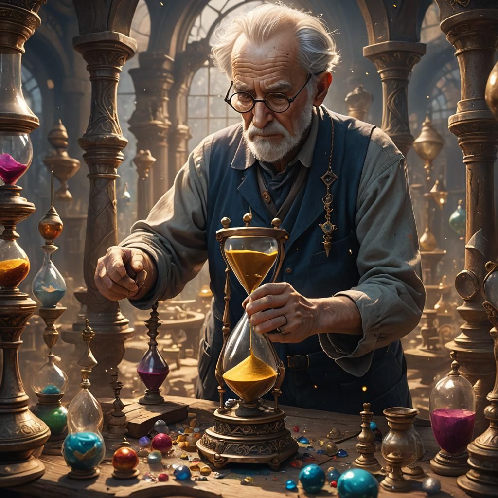 Old man working on a hourglass,  while wearing hourglass gla...