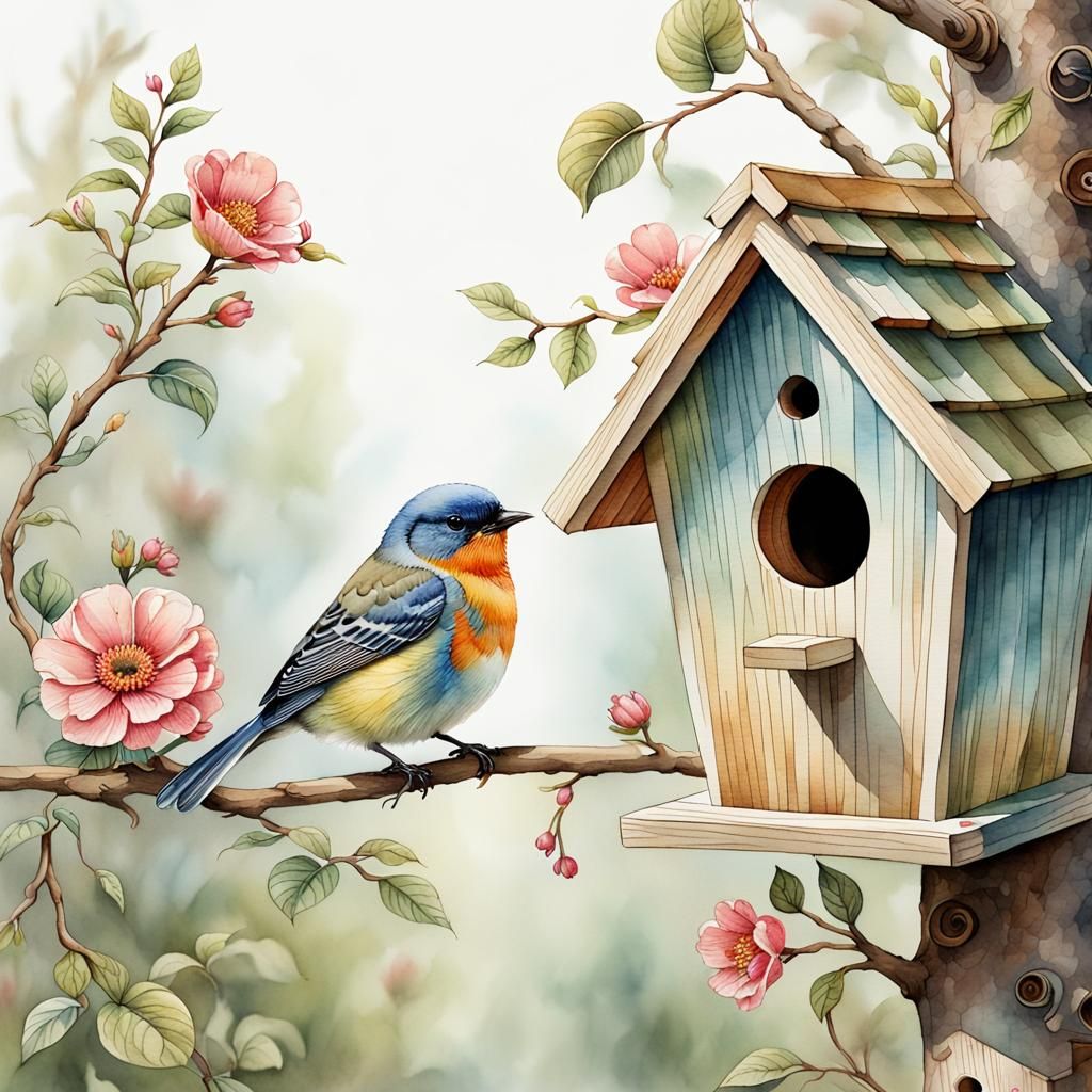 Watercolor Bird and Birdhouse: Detailed 16k Art