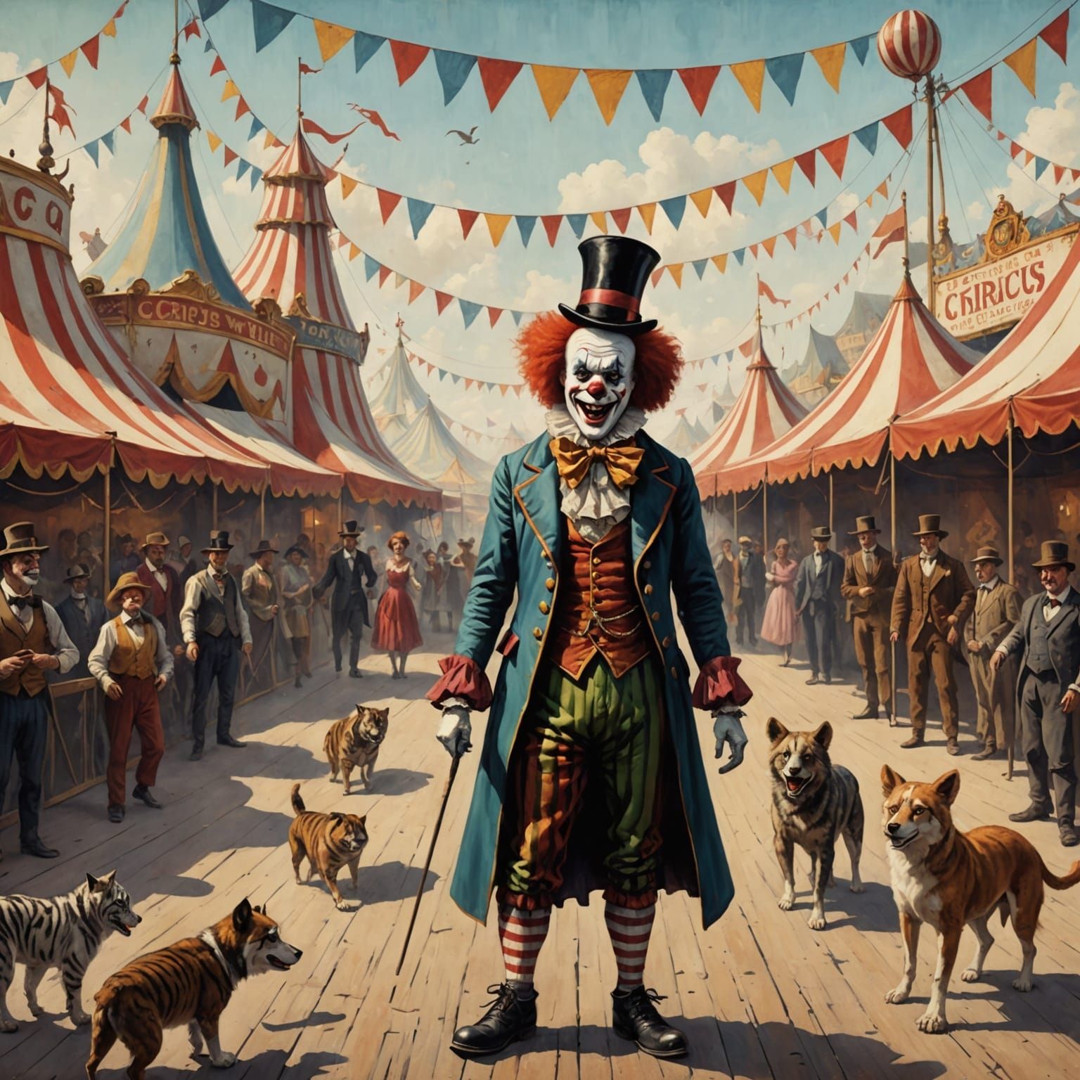 Scary Clown Walks Through Circus Midway Illustration