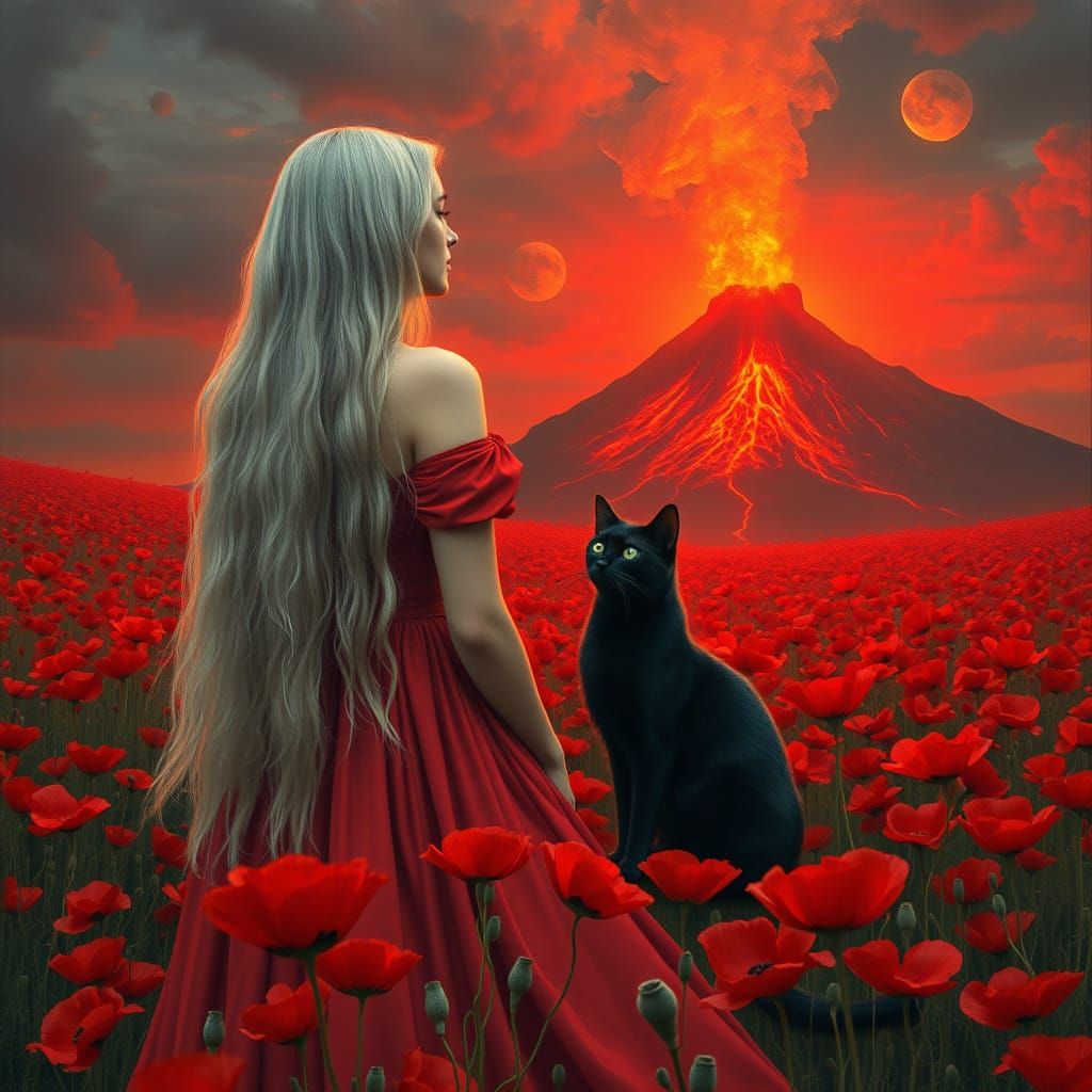 Woman in Poppy Field Watching Erupting Volcano