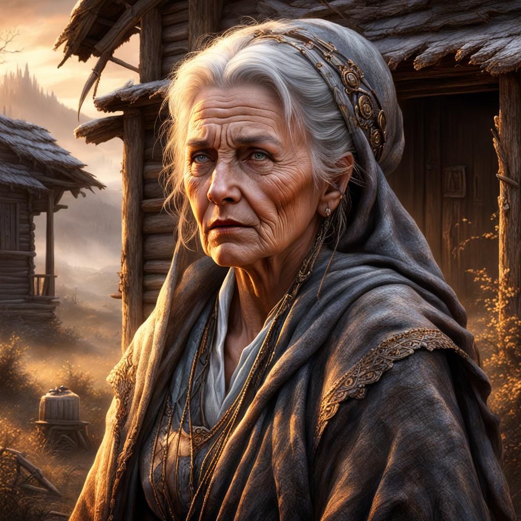 old woman by an old cabin