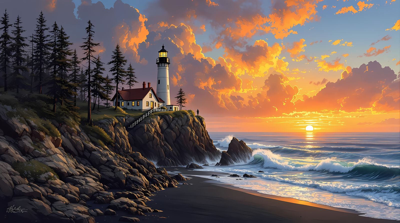 Surreal Dawn Lighthouse Over Ocean
