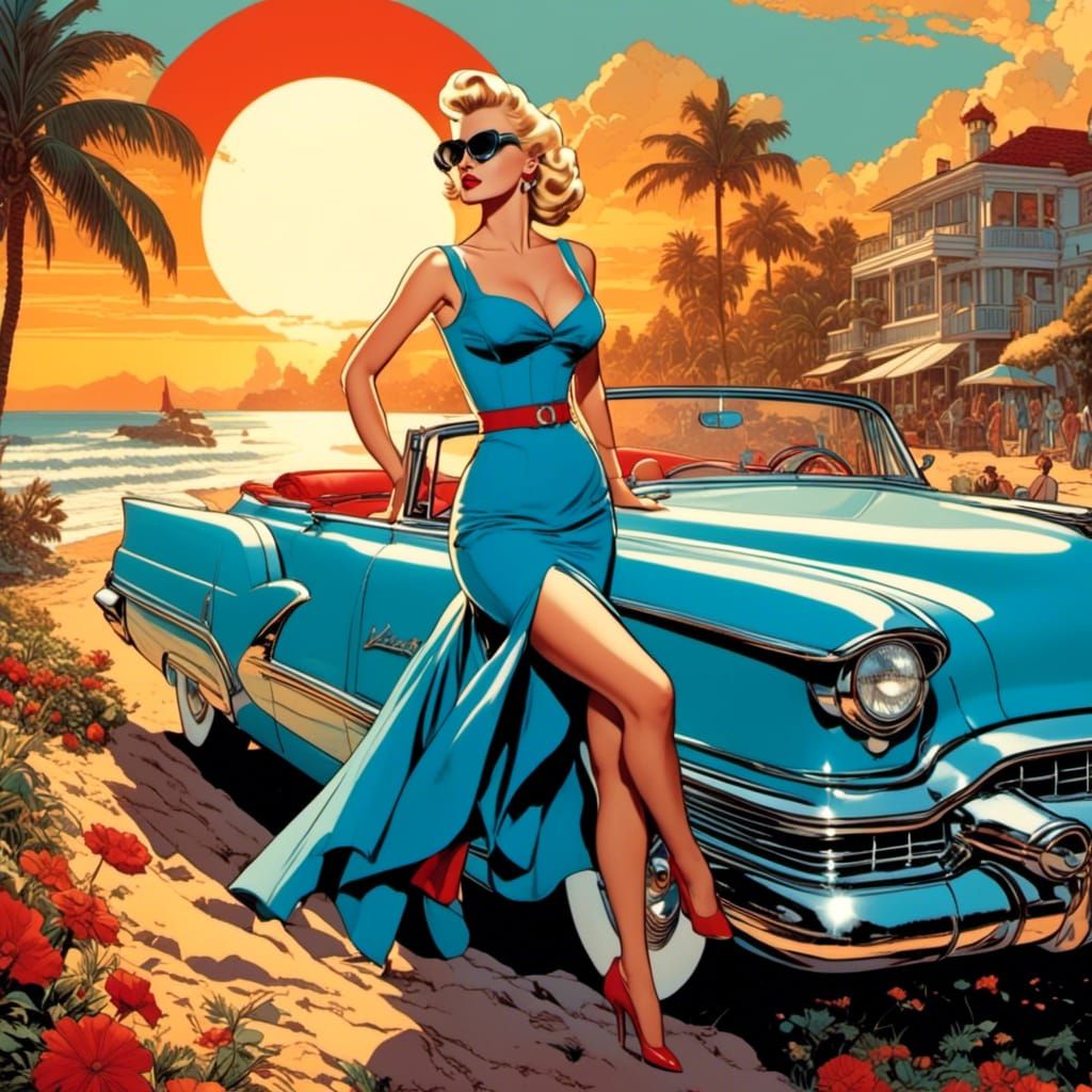 1950s Pin-Up Girl with Cadillac in Comic Book Style