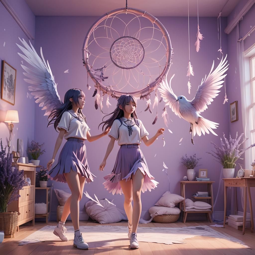 Anime Birds and Girl Dancing in Lavender Room