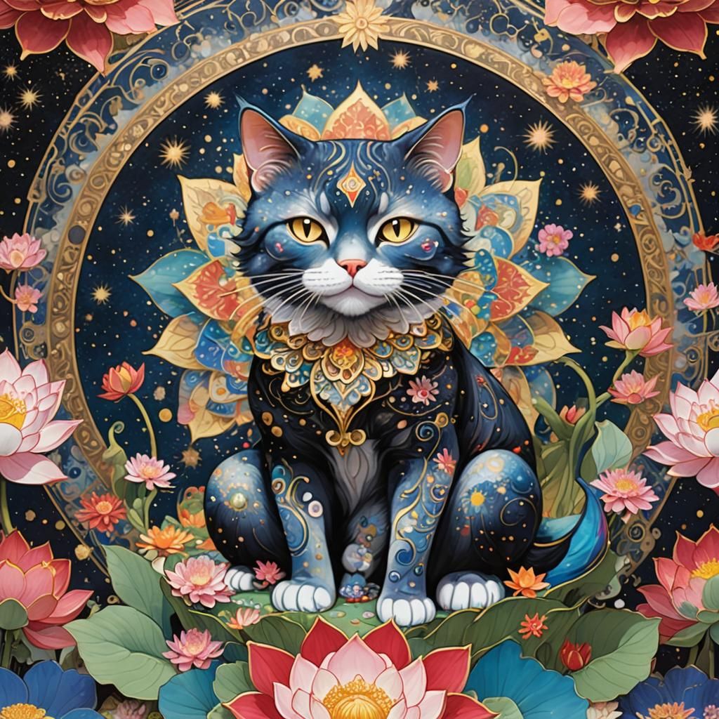 Cosmic Cat Deity in Lotus Throne