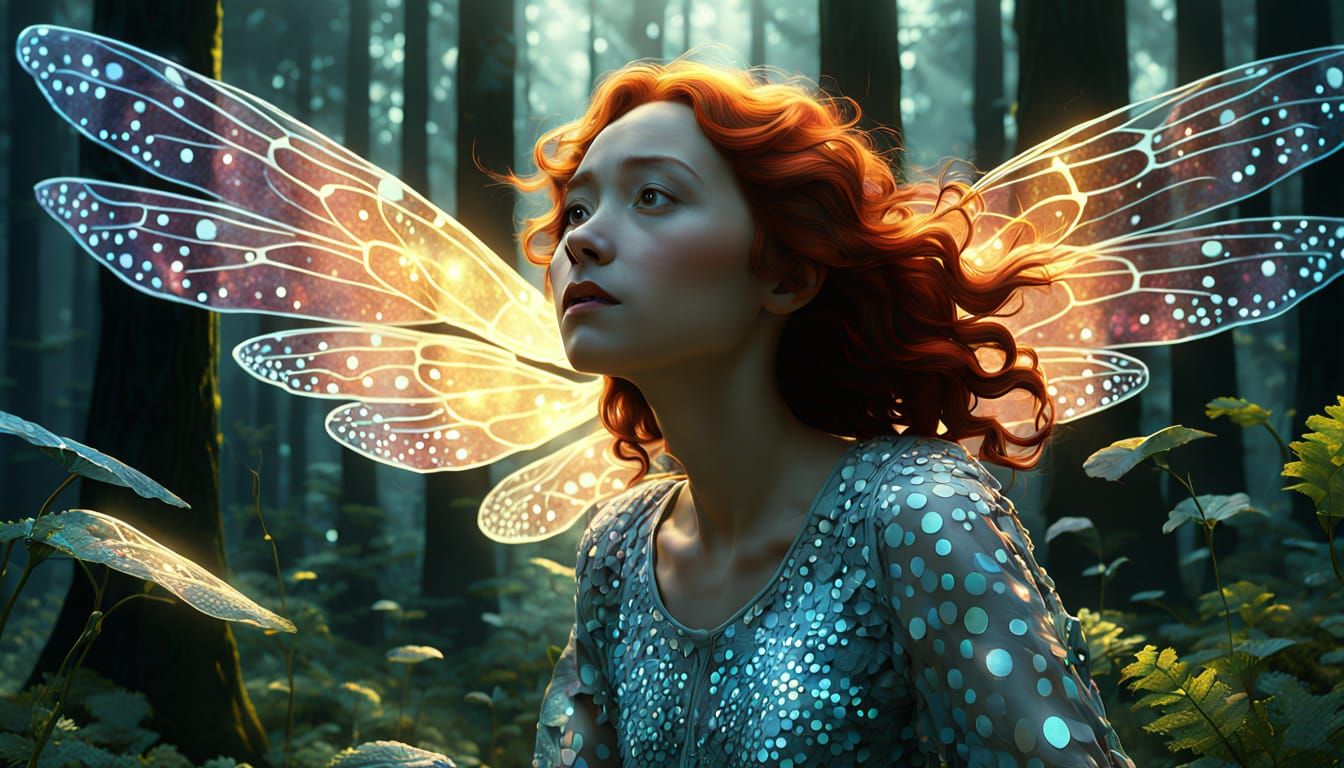 Woman with Iridescent Wings Rising from Forest