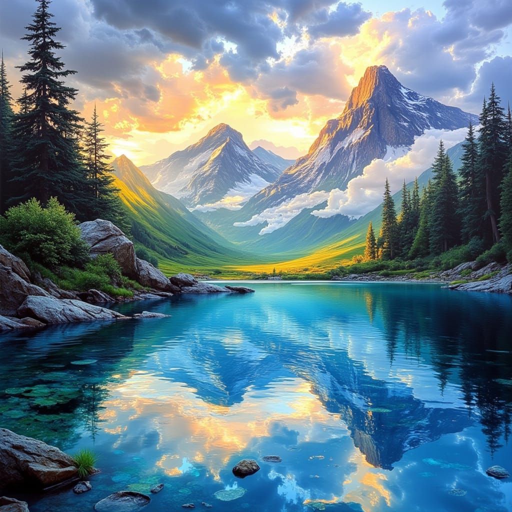Serene Mountain Lake Landscape in Impasto Style