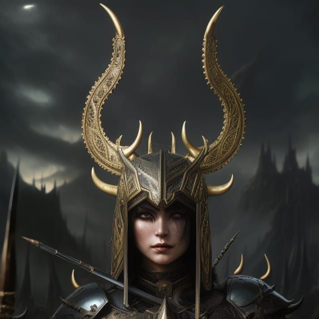 Intricate Horned Warrior Helmet Portrait in Dark Fantasy Sty...