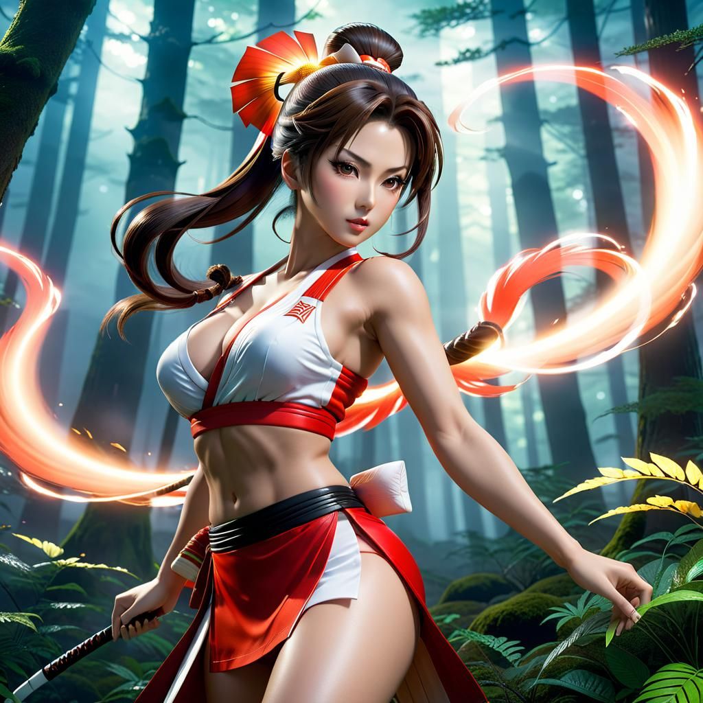 Mai Shiranui in Misty Forest, Anime-Inspired 3D Art