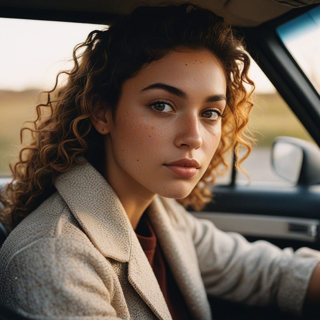 Elegant Young Woman Reflects Beside a Sleek Car in Soft Gold...