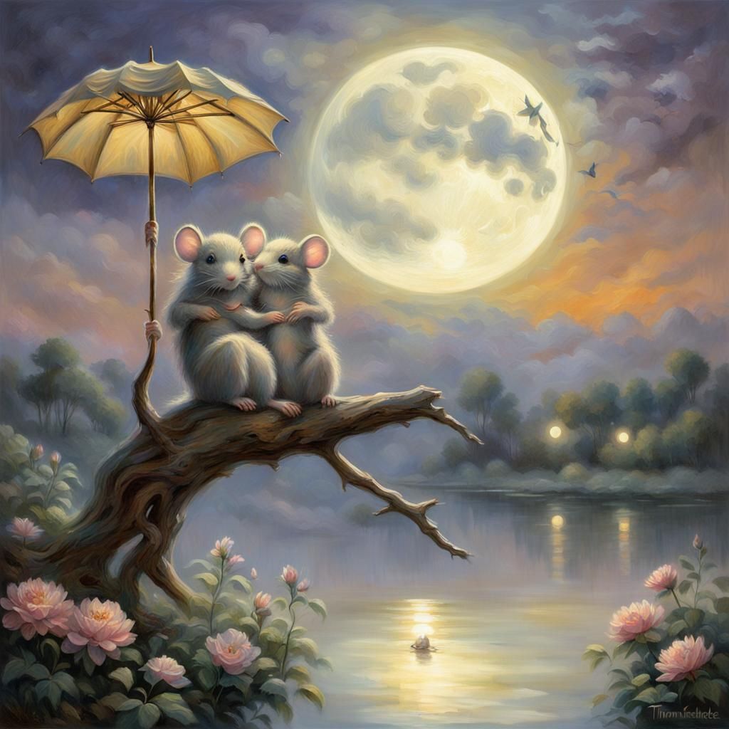 Mouse Family Under Floral Umbrella by Moonlit Lake