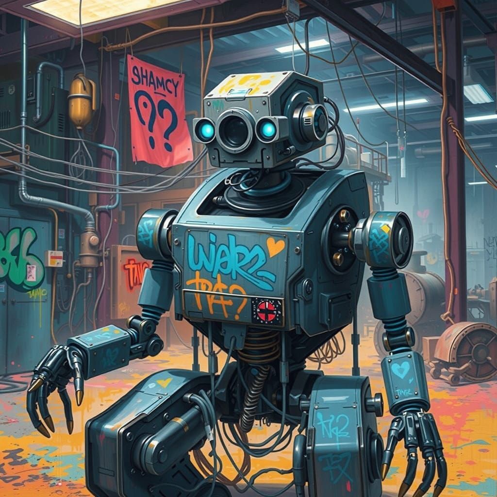 Surreal Robot Awakens on Industrial Assembly Line