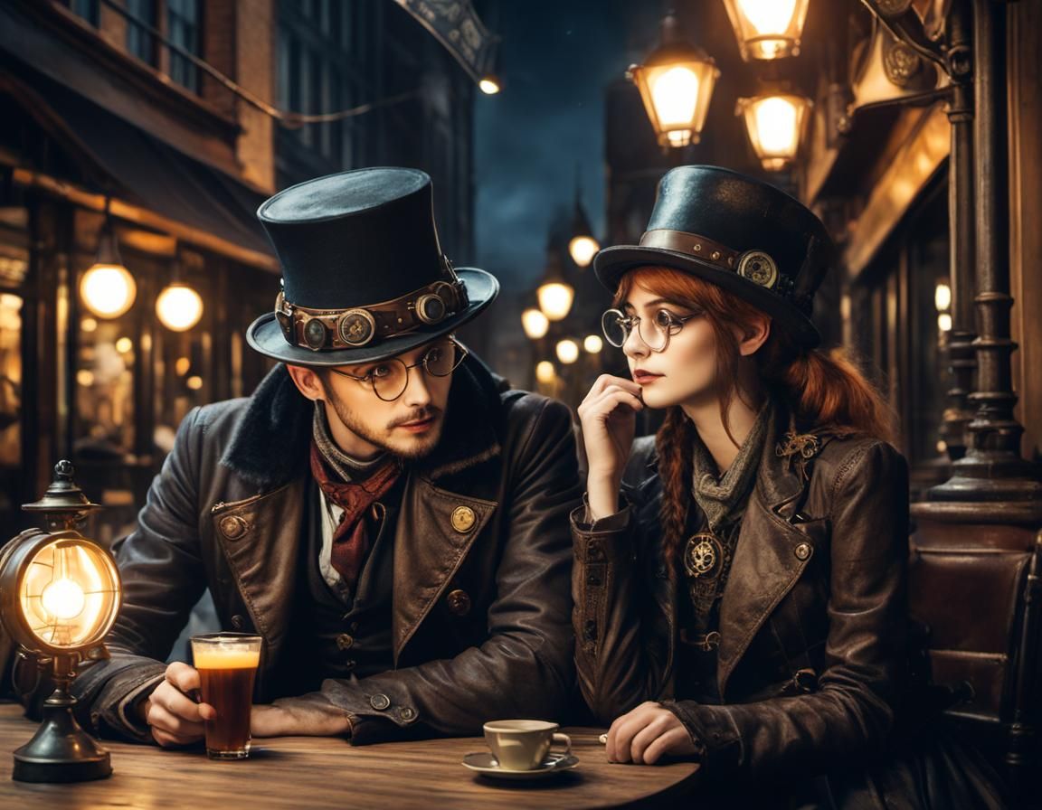 Steampunk Cafe Scene at Night with Two People
