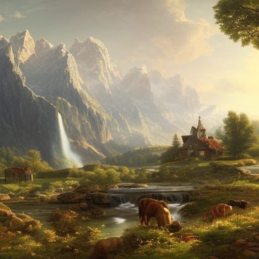 Farmhouse Landscape Painting with Inca and Mayan Architectur...