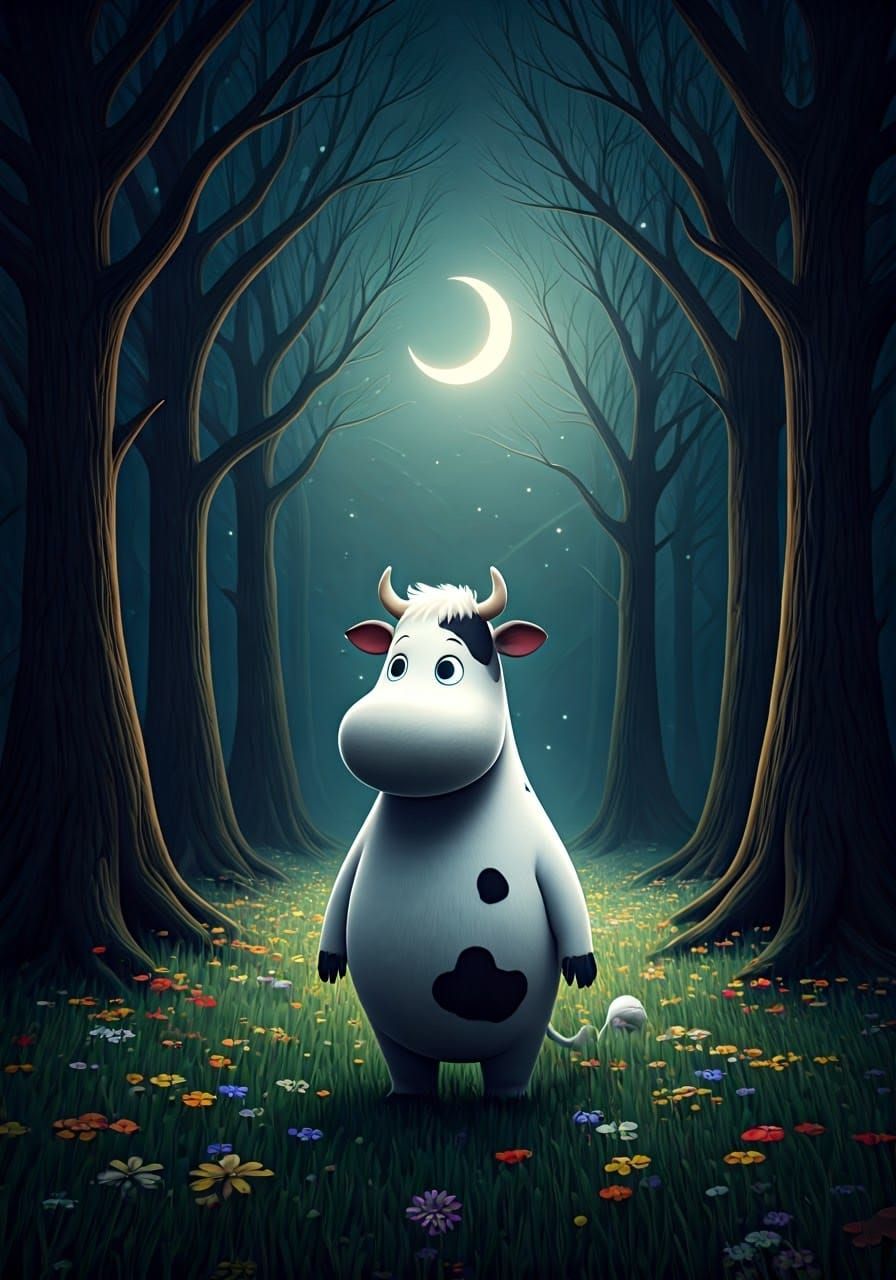 Moomin in Whimsical Cow Cosplay Under Crescent Moonlight