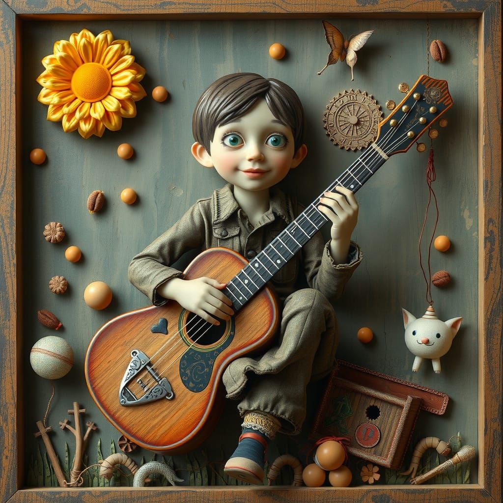 Boy Playing Guitar: Whimsical Folk Art in 3D