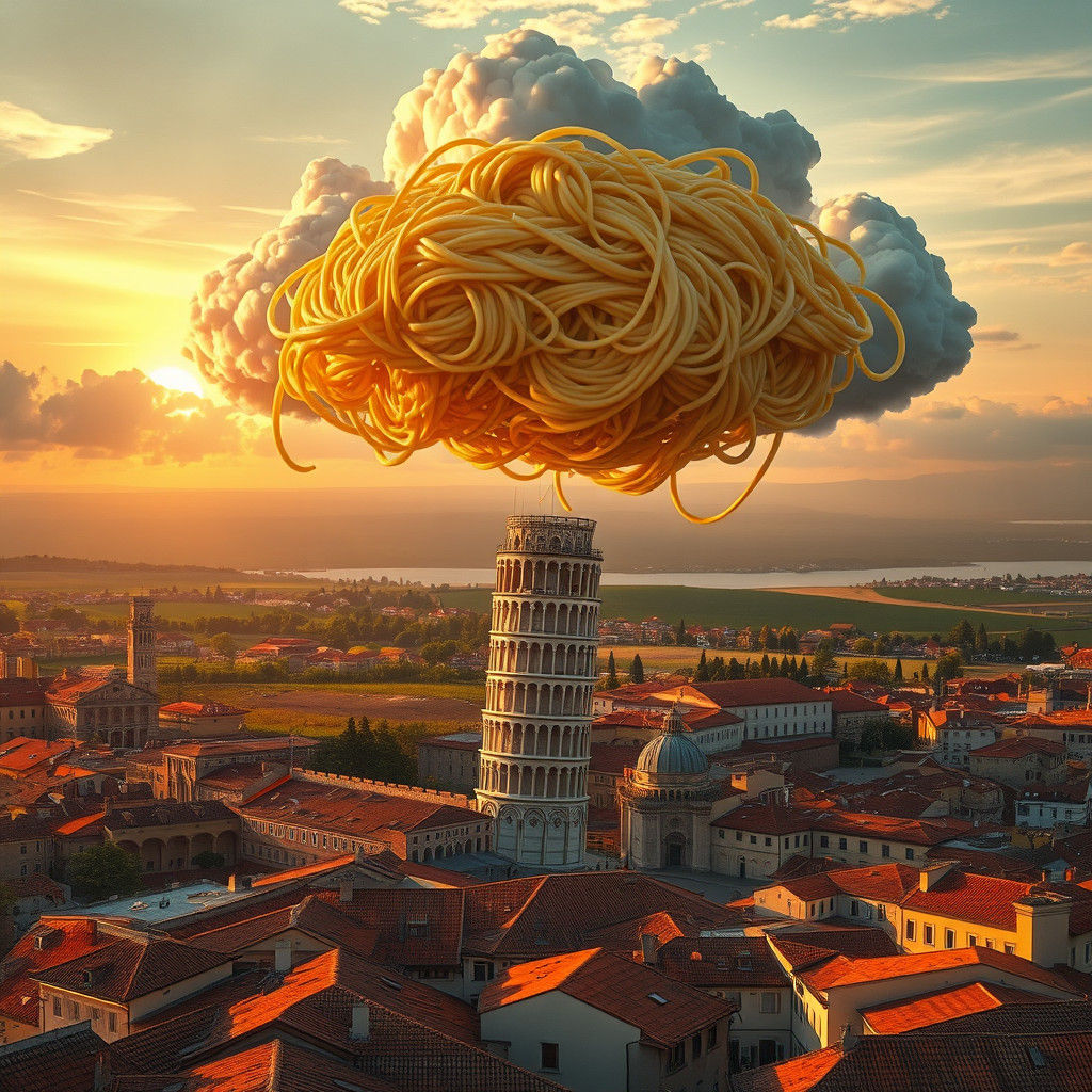 Pasta Cloud Over Pisa in Photorealistic Style