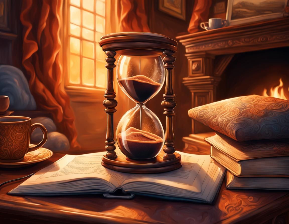 Hyperrealistic Hourglass, Book, and Coffee by Fireplace