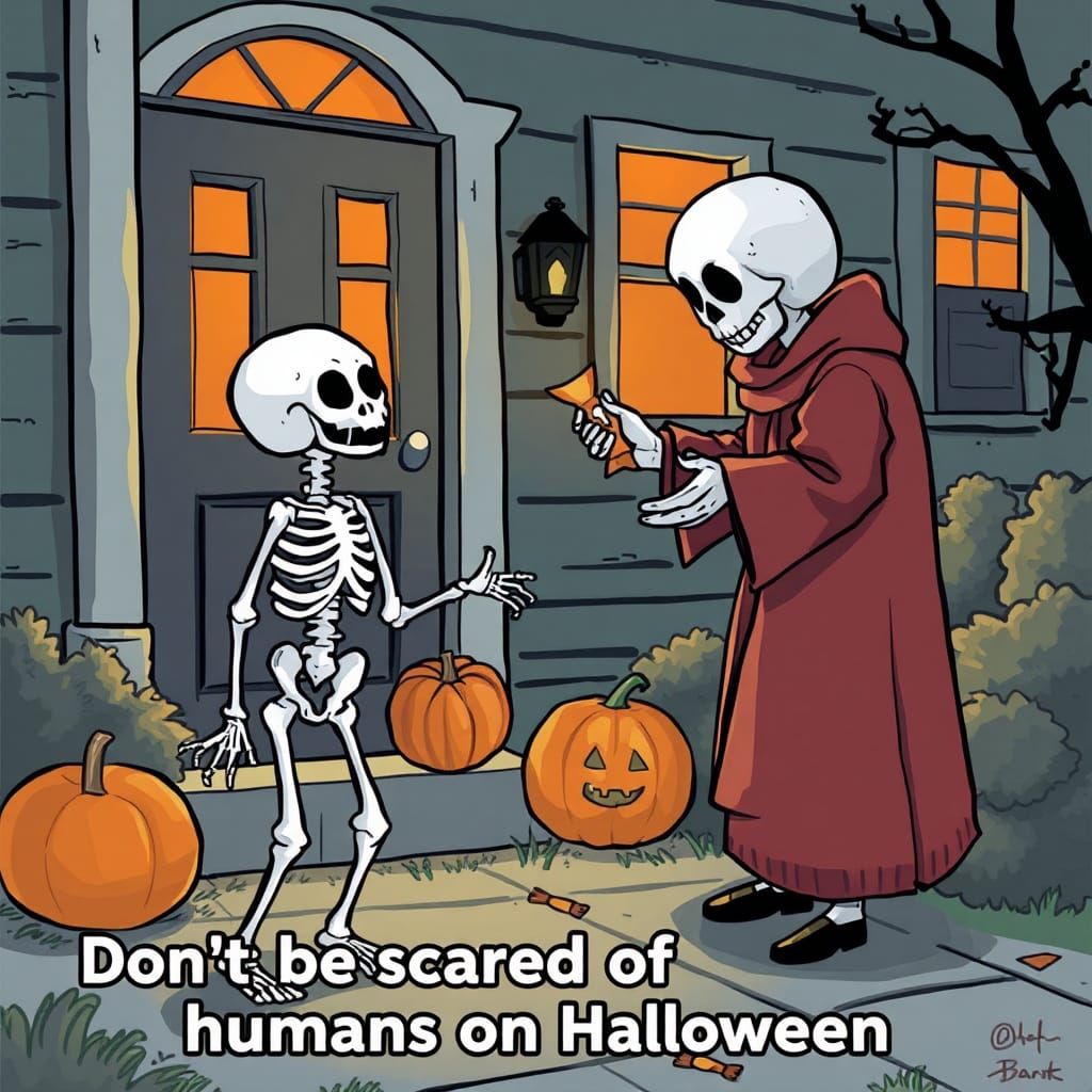 A scared little skeleton trick-or-treating at a house with a nice human person giving out candy. the caption is, "Don't ...