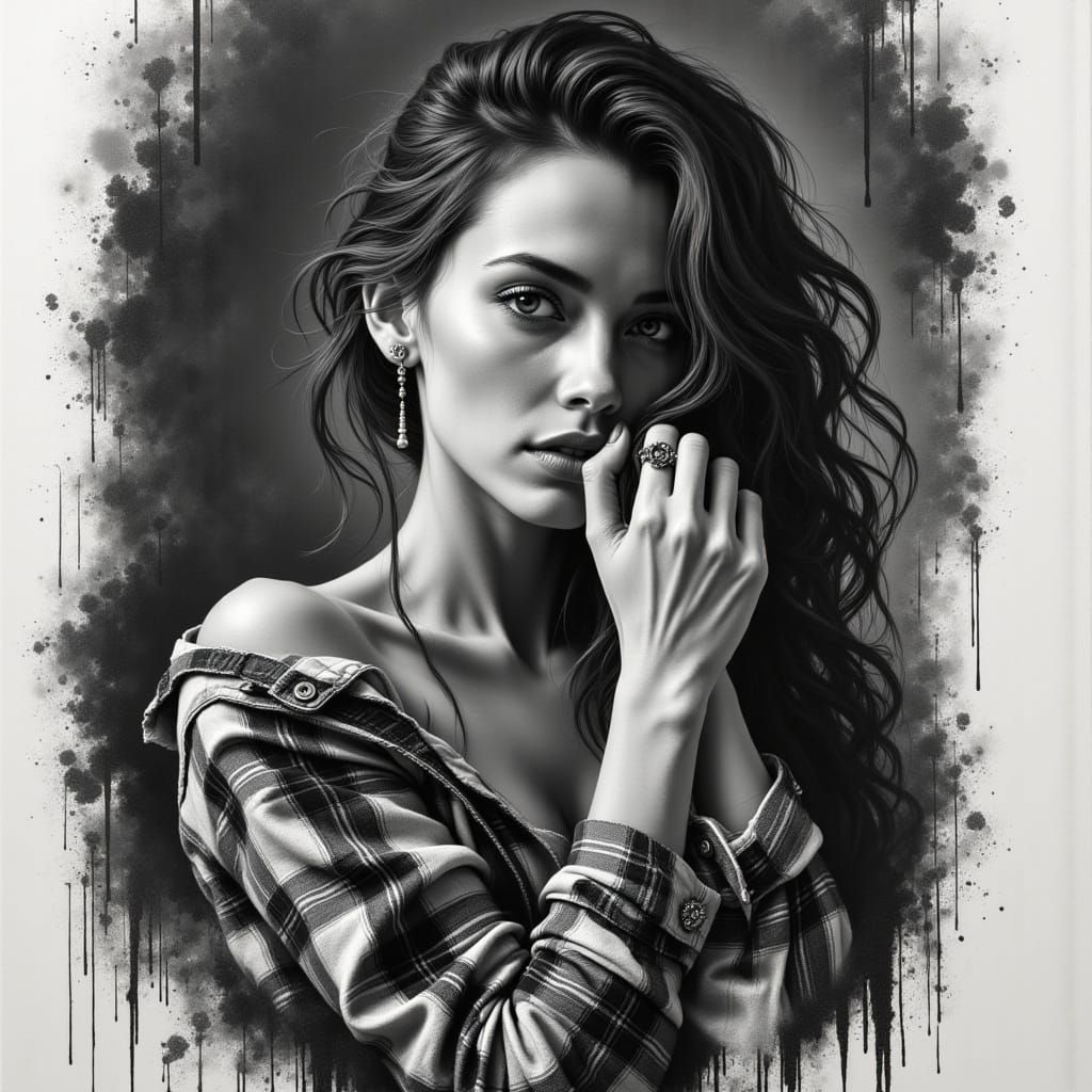 Moody Ink Portrait with Crosshatching, Soft Focus